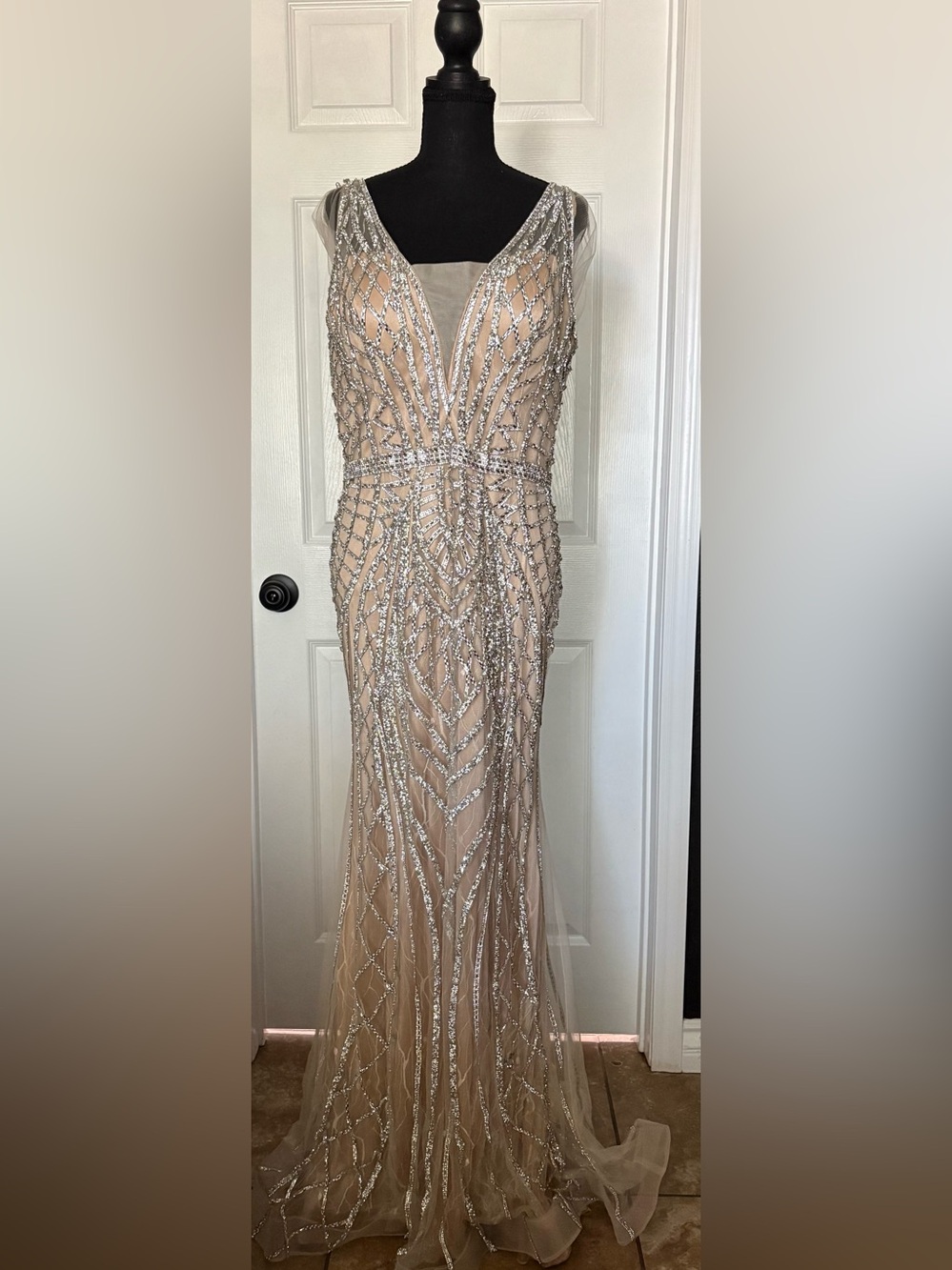 Beaded Nude Illusion Evening Gown with Silver Sequin Detail